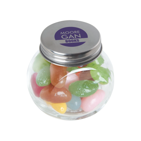 Kleine glazen pot gevuld met ca. 40 gr. jelly beans gekleurd deksel sample