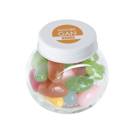 Kleine glazen pot gevuld met ca. 40 gr. jelly beans gekleurd deksel sample