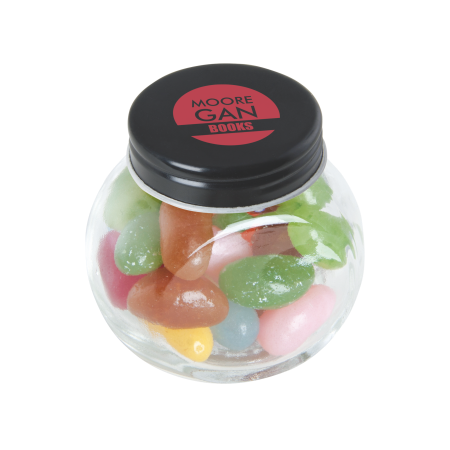 Kleine glazen pot gevuld met ca. 40 gr. jelly beans gekleurd deksel sample