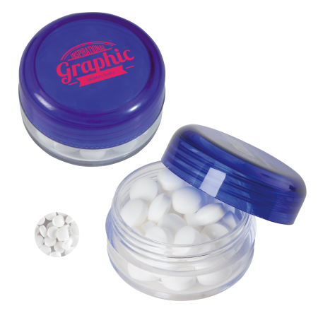 Kunststof rond potje gekleurd deksel met ca. 12 gr. mints TAMPONDRUK sample