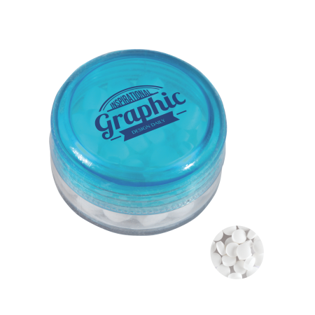 Kunststof rond potje gekleurd deksel met ca. 12 gr. mints TAMPONDRUK sample