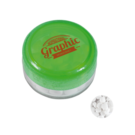 Kunststof rond potje gekleurd deksel met ca. 12 gr. mints TAMPONDRUK sample