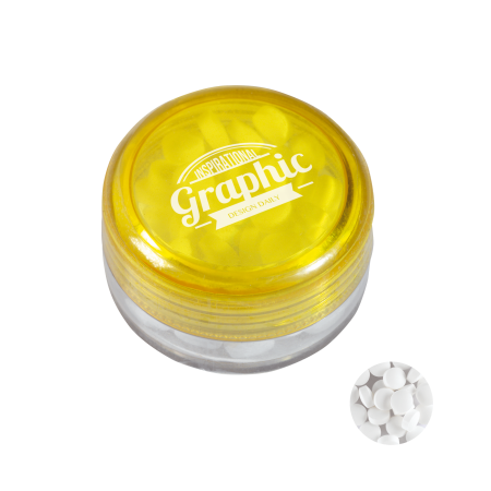 Kunststof rond potje gekleurd deksel met ca. 12 gr. mints TAMPONDRUK sample