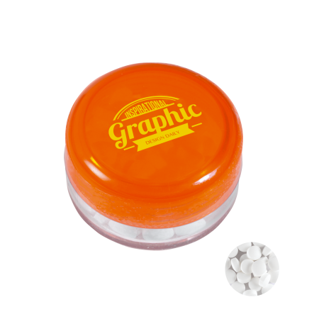 Kunststof rond potje gekleurd deksel met ca. 12 gr. mints TAMPONDRUK sample