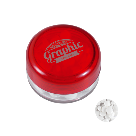 Kunststof rond potje gekleurd deksel met ca. 12 gr. mints TAMPONDRUK sample
