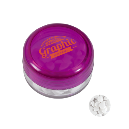 Kunststof rond potje gekleurd deksel met ca. 12 gr. mints TAMPONDRUK sample