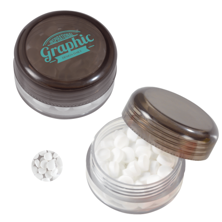 Kunststof rond potje gekleurd deksel met ca. 12 gr. mints TAMPONDRUK sample
