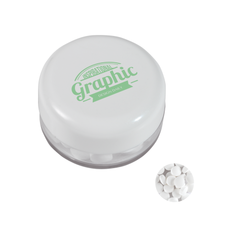 Kunststof rond potje gekleurd deksel met ca. 12 gr. mints TAMPONDRUK sample