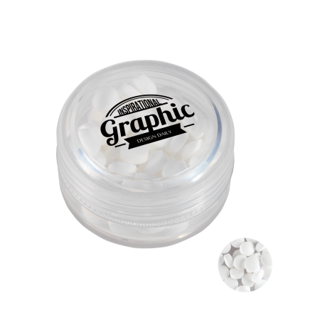 Kunststof rond potje gekleurd deksel met ca. 12 gr. mints TAMPONDRUK sample