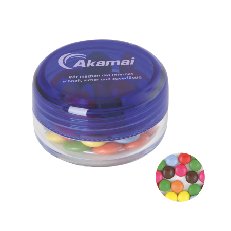 Kunststof rond potje gekleurd deksel met ca. 12 gr. choco carletties TAMPONDRUK sample