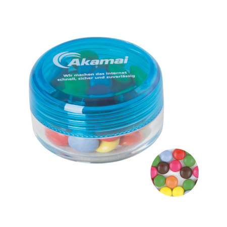 Kunststof rond potje gekleurd deksel met ca. 12 gr. choco carletties TAMPONDRUK sample