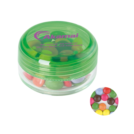 Kunststof rond potje gekleurd deksel met ca. 12 gr. choco carletties TAMPONDRUK sample