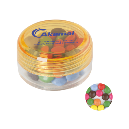 Kunststof rond potje gekleurd deksel met ca. 12 gr. choco carletties TAMPONDRUK sample