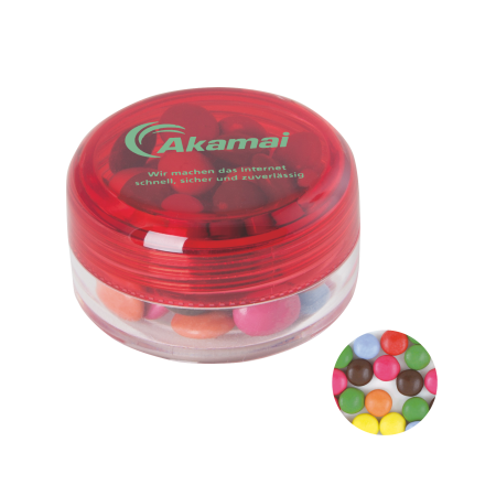 Kunststof rond potje gekleurd deksel met ca. 12 gr. choco carletties TAMPONDRUK sample