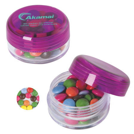 Kunststof rond potje gekleurd deksel met ca. 12 gr. choco carletties TAMPONDRUK sample