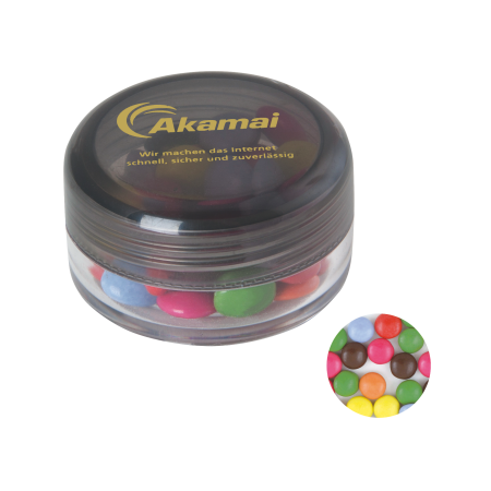 Kunststof rond potje gekleurd deksel met ca. 12 gr. choco carletties TAMPONDRUK sample