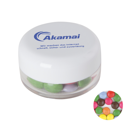 Kunststof rond potje gekleurd deksel met ca. 12 gr. choco carletties TAMPONDRUK sample