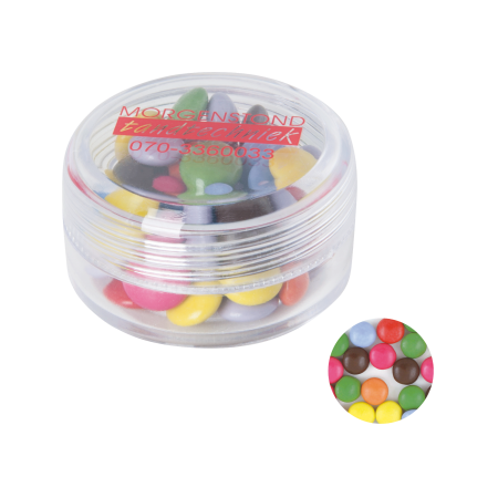 Kunststof rond potje gekleurd deksel met ca. 12 gr. choco carletties TAMPONDRUK sample