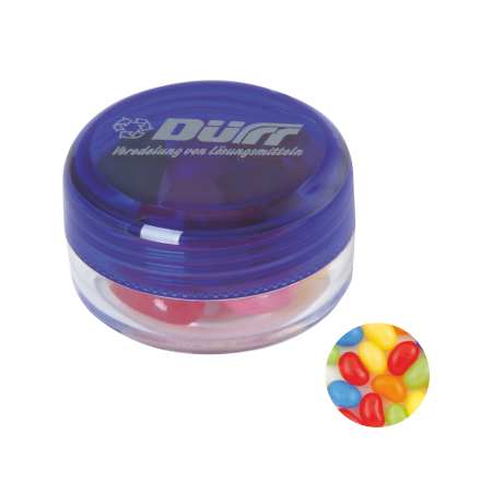 Kunststof rond potje gekleurd deksel met ca. 12 gr. jelly beans TAMPONDRUK sample