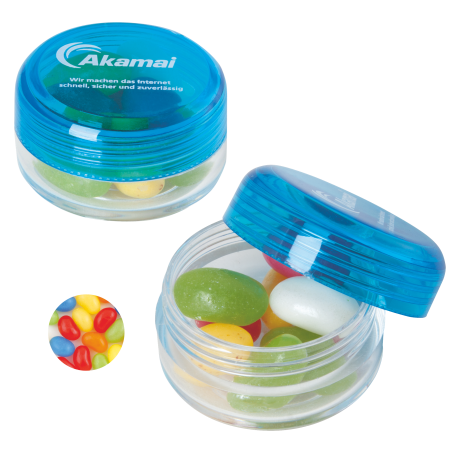 Kunststof rond potje gekleurd deksel met ca. 12 gr. jelly beans TAMPONDRUK sample