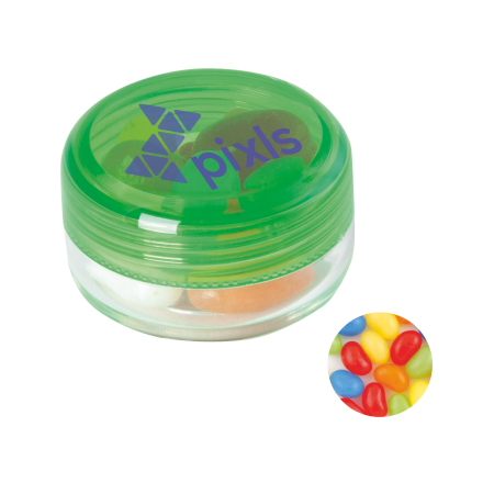 Kunststof rond potje gekleurd deksel met ca. 12 gr. jelly beans TAMPONDRUK sample