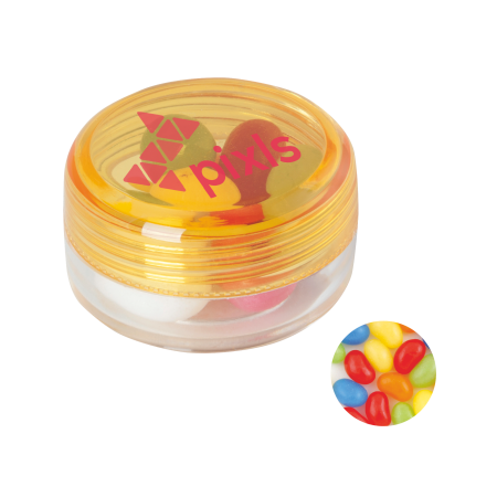 Kunststof rond potje gekleurd deksel met ca. 12 gr. jelly beans TAMPONDRUK sample