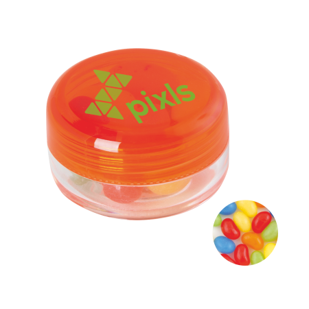 Kunststof rond potje gekleurd deksel met ca. 12 gr. jelly beans TAMPONDRUK sample