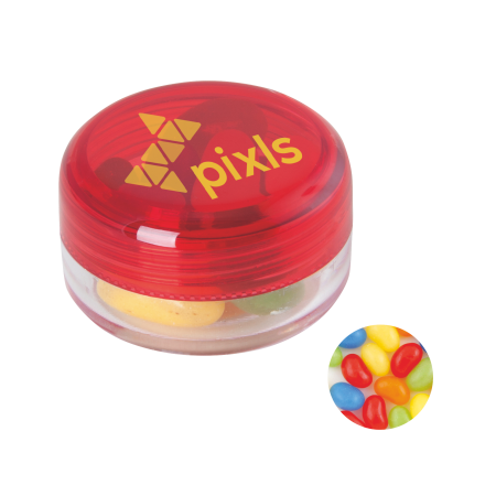 Kunststof rond potje gekleurd deksel met ca. 12 gr. jelly beans TAMPONDRUK sample