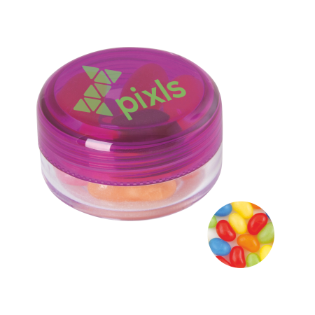 Kunststof rond potje gekleurd deksel met ca. 12 gr. jelly beans TAMPONDRUK sample