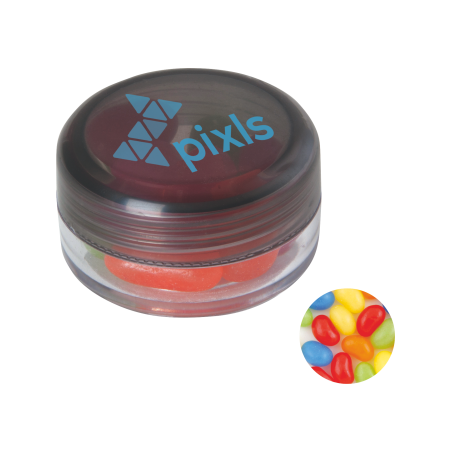 Kunststof rond potje gekleurd deksel met ca. 12 gr. jelly beans TAMPONDRUK sample