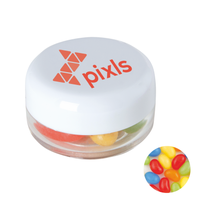 Kunststof rond potje gekleurd deksel met ca. 12 gr. jelly beans TAMPONDRUK sample