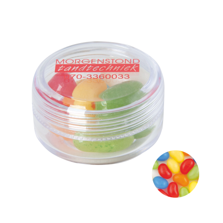 Kunststof rond potje gekleurd deksel met ca. 12 gr. jelly beans TAMPONDRUK sample