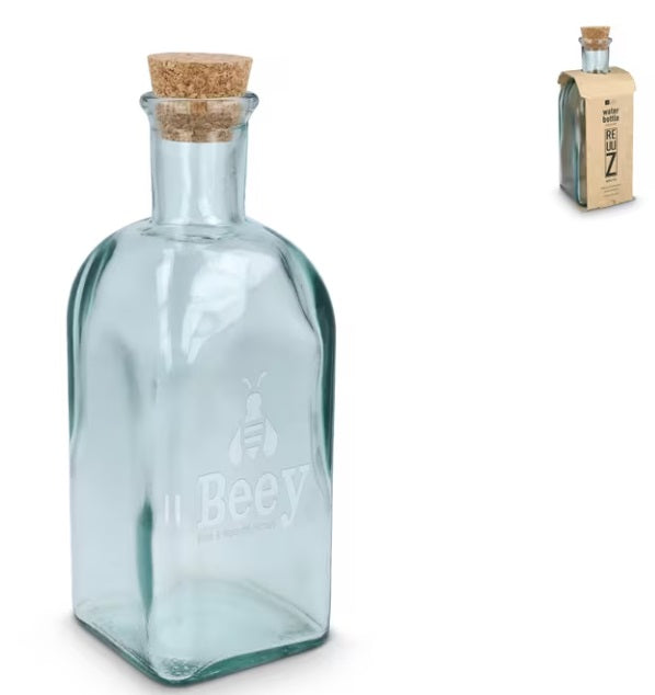 Vierkante Gerecycled glas Waterfles ReuuZ met kurkstop met logo00ml bedrukken