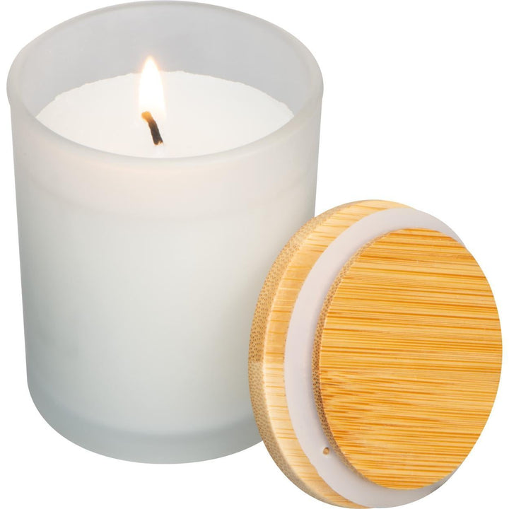 Kaars in glas met bamboedeksel sample