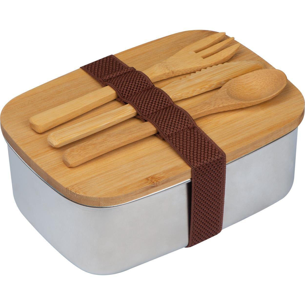 Grote lunchbox met bestek en deksel van bamboe sample
