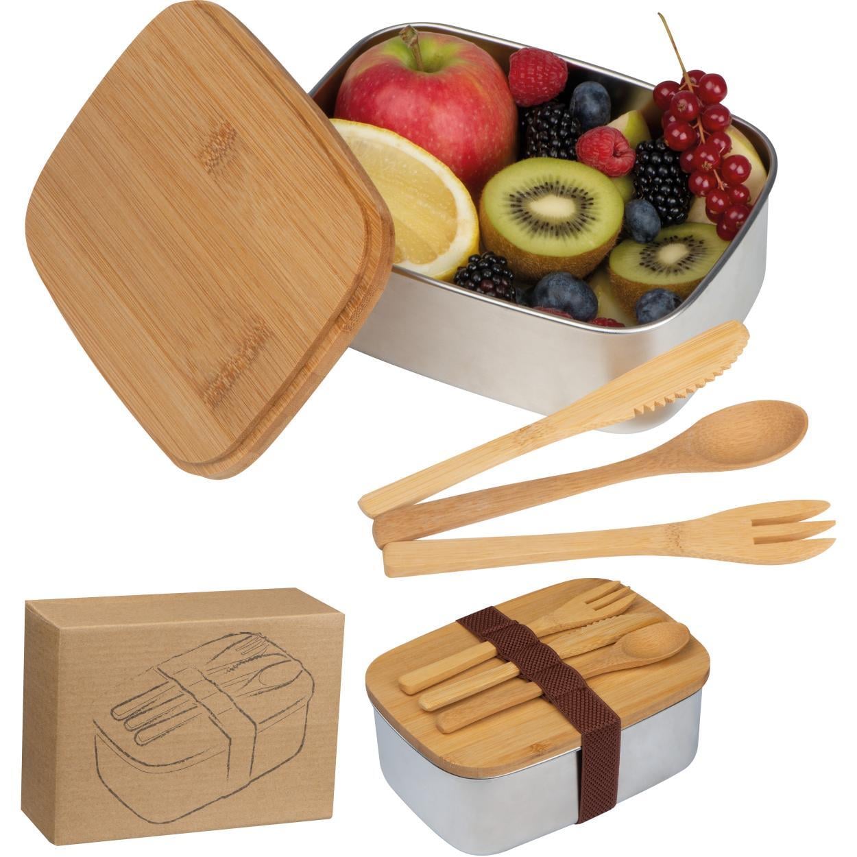 Grote lunchbox met bestek en deksel van bamboe sample