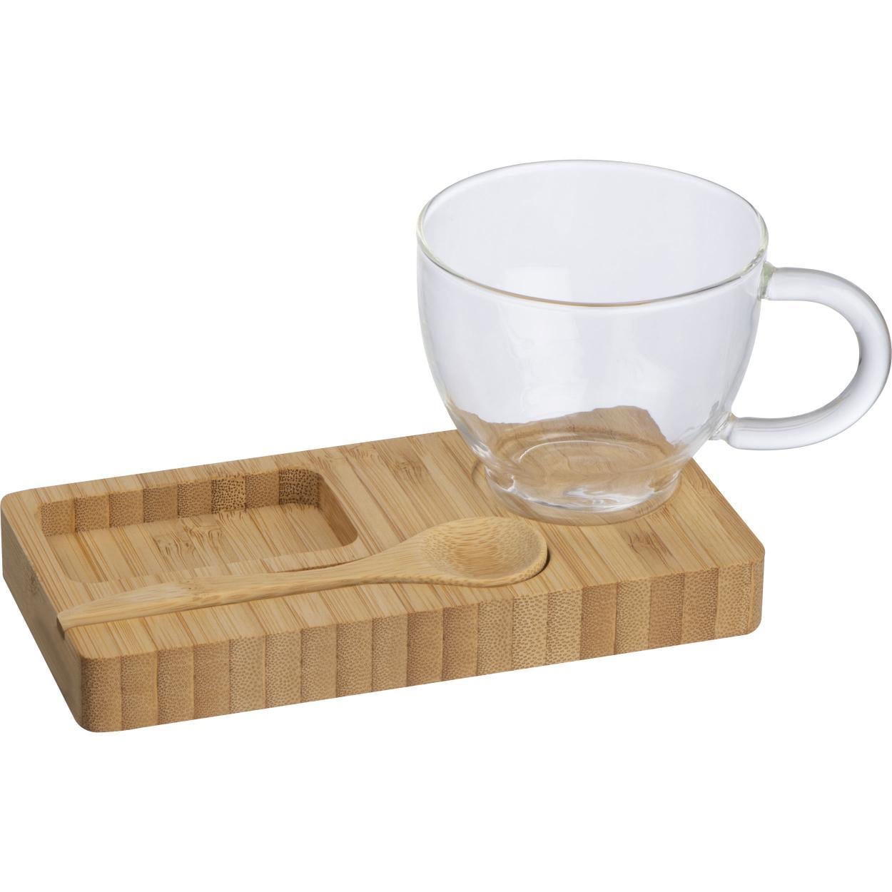 Koffie/ Thee setje met een bamboe serveerplankje en bamboe lepel sample