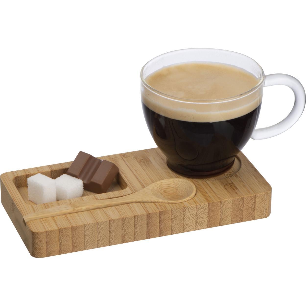 Koffie/ Thee setje met een bamboe serveerplankje en bamboe lepel sample