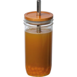 Drinkglas met bamboe deksel en rietje 3197