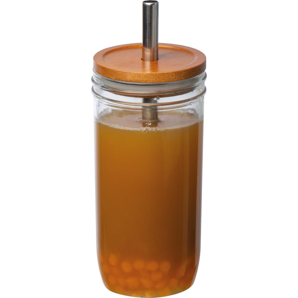 Drinkglas met bamboe deksel en rietje sample