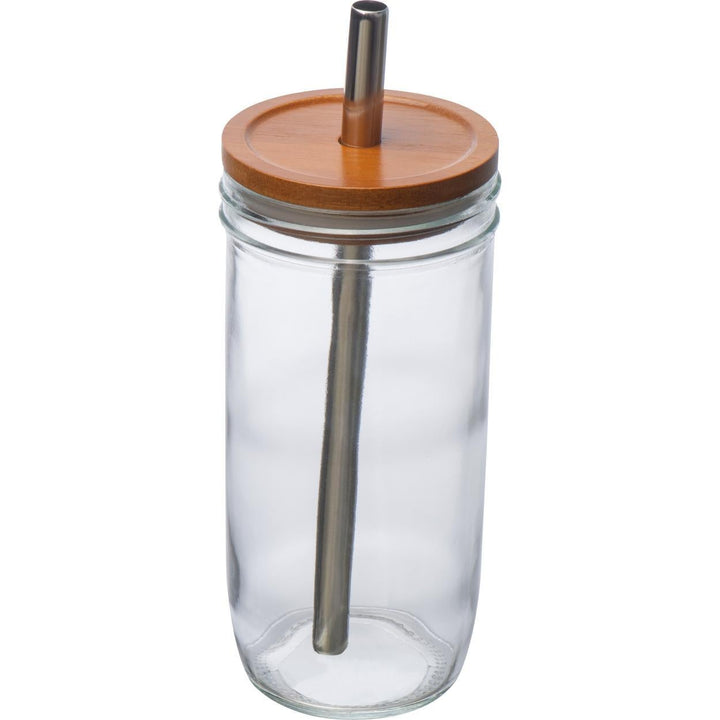 Drinkglas met bamboe deksel en rietje sample