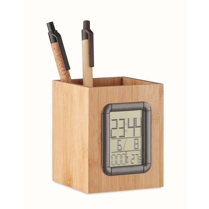 Bamboe pennenbak met LCD klok hout onbedrukt 1253