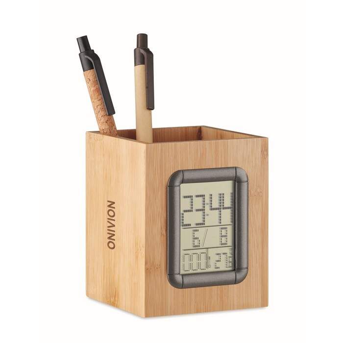 Bamboe pennenbak met LCD klok hout 2 kleuren tp 1249