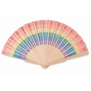 Houten regenboog handwaaier BOWFAN meerkleurig 2 kleuren tp 5300