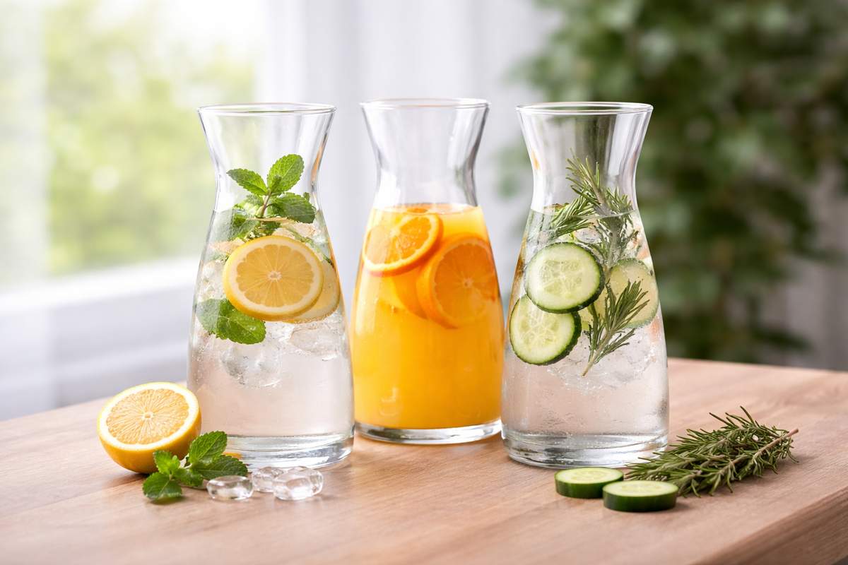 3 glazen karaffen op tafel